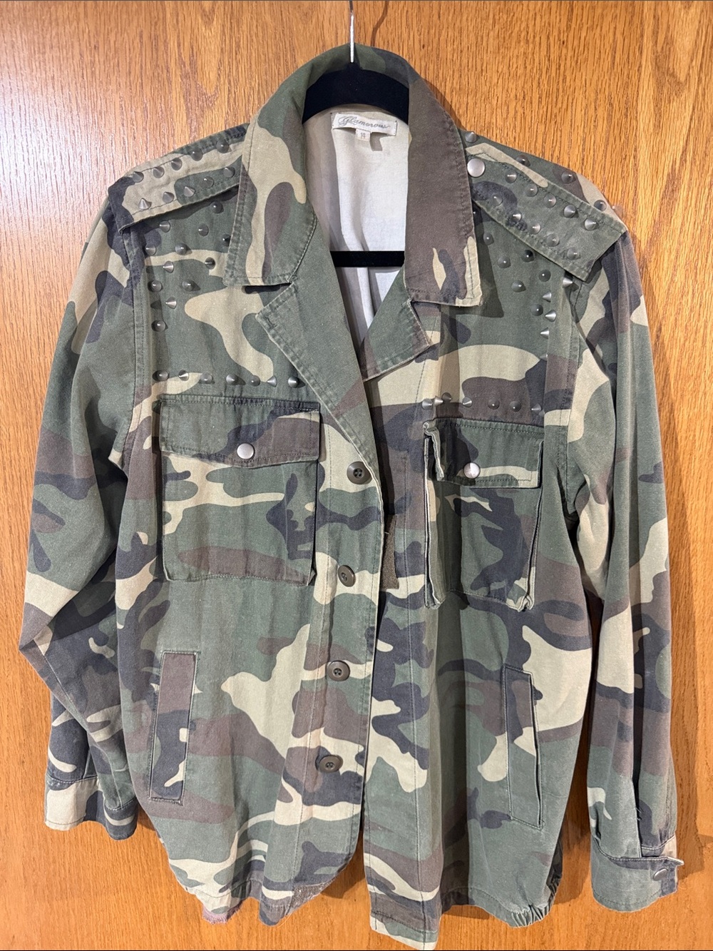 Glamorous Camouflage Studded Military Jacket in Green & Brown